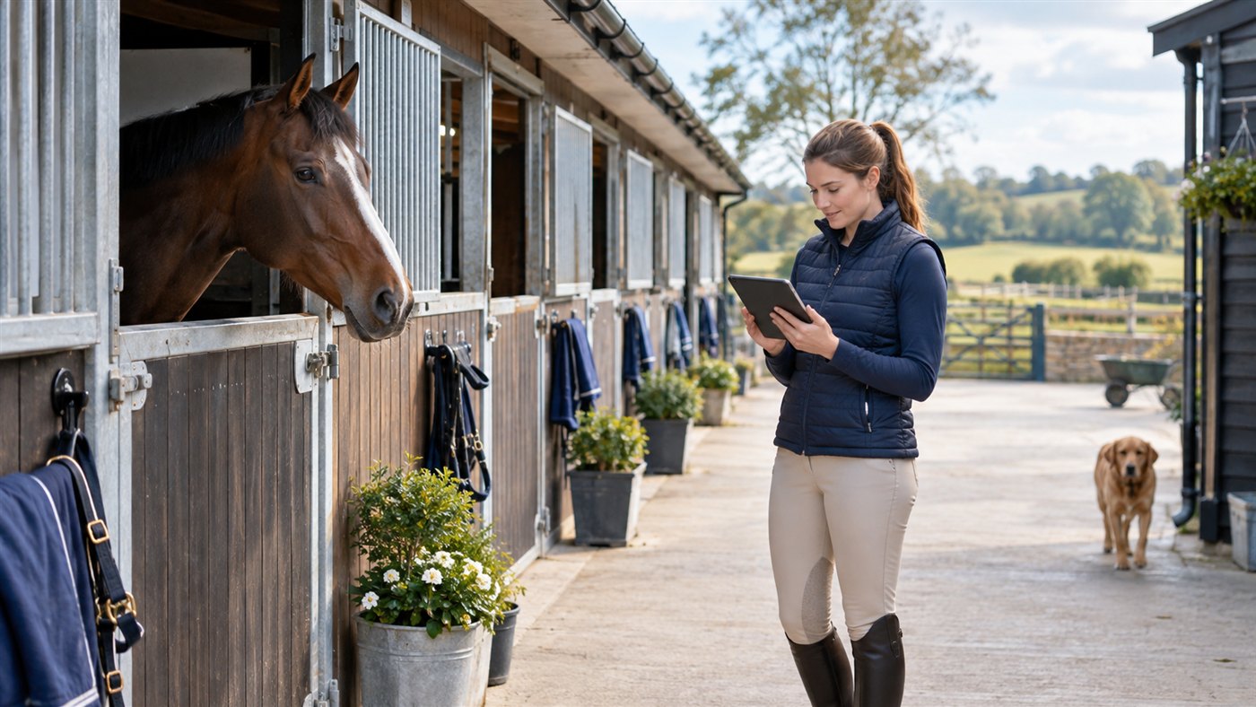 A rider checking a facility or stable booking beside a row of stables.