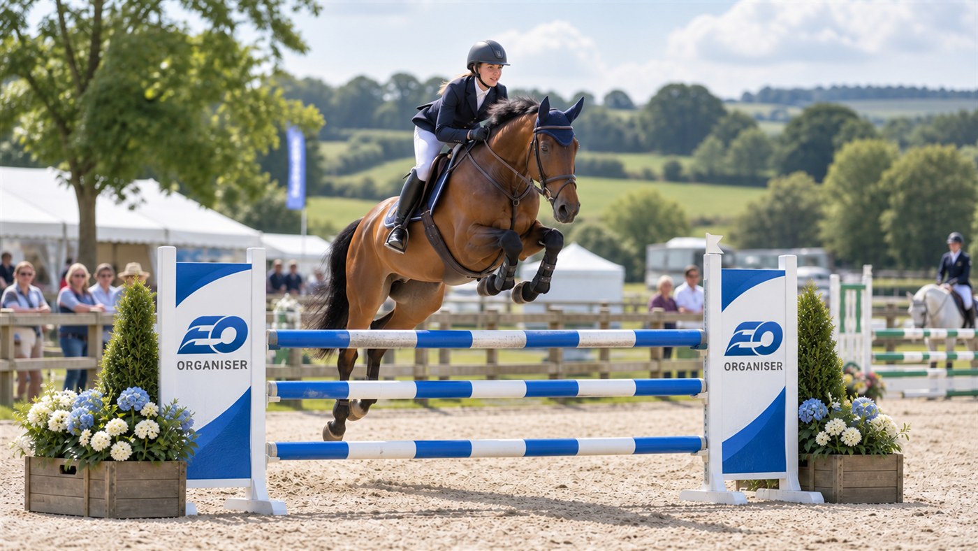 A horse and rider jumping an Equus Organiser branded fence at a friendly outdoor event.