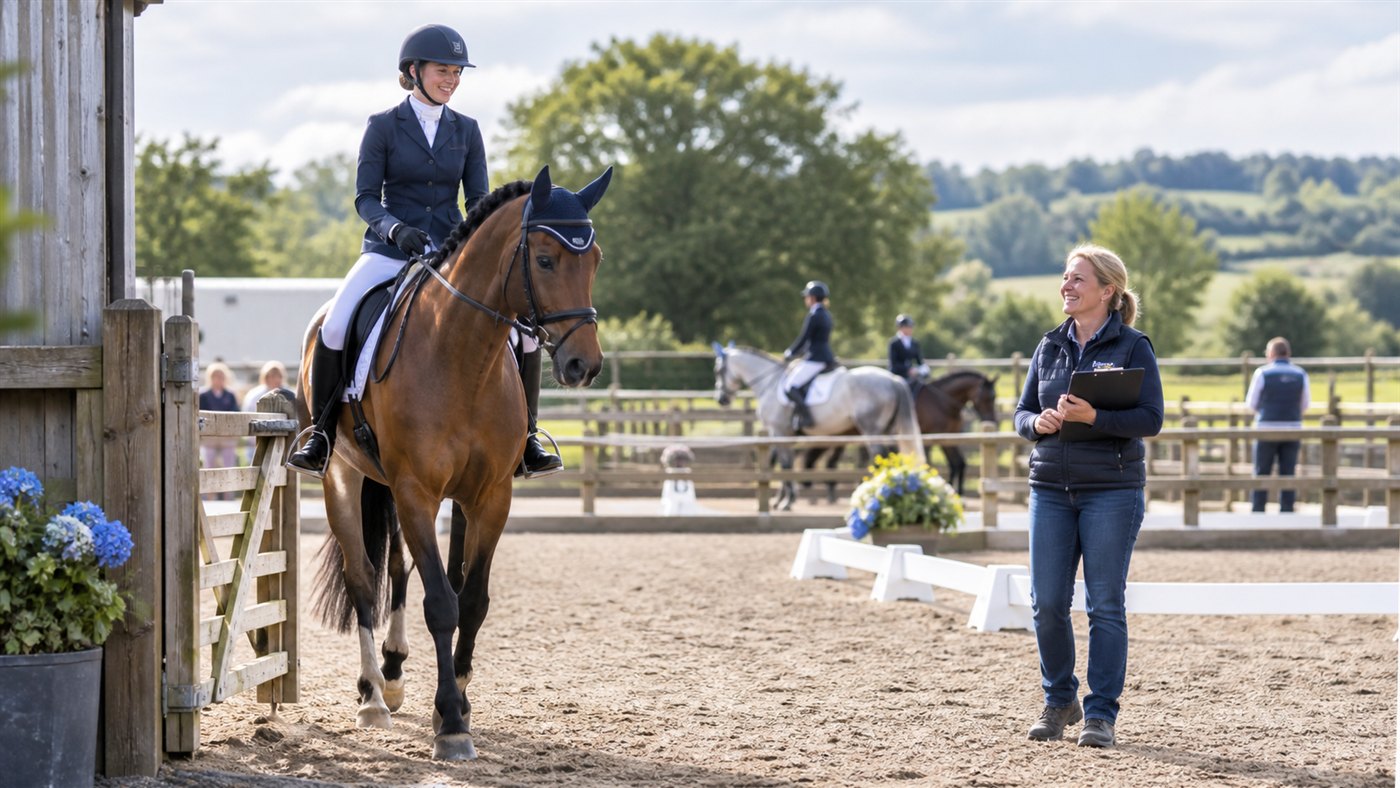 A rider and organiser at a friendly equestrian competition.