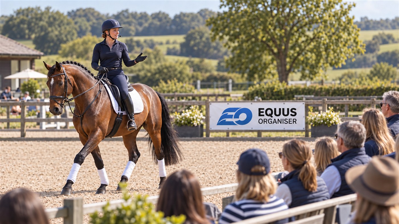 A seated audience watching a ticketed equestrian demonstration beside subtle Equus Organiser arena branding.